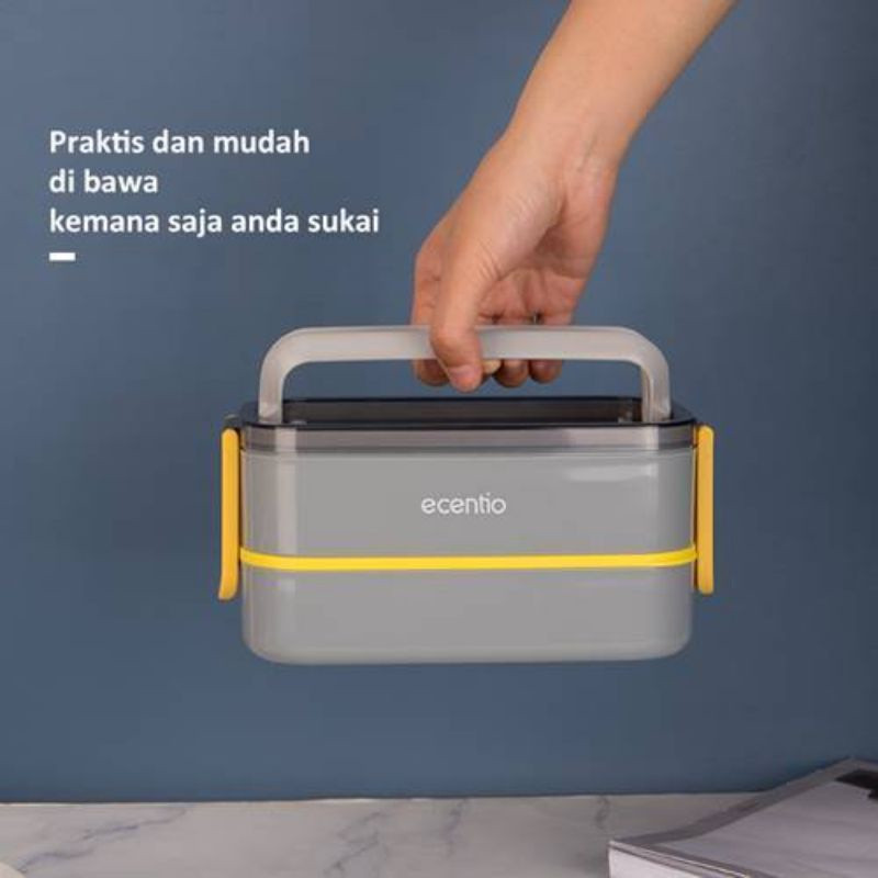 ECENTIO Gray Lunch Box Double Layer 800ml Kotak Makan Anti Tumpah Set