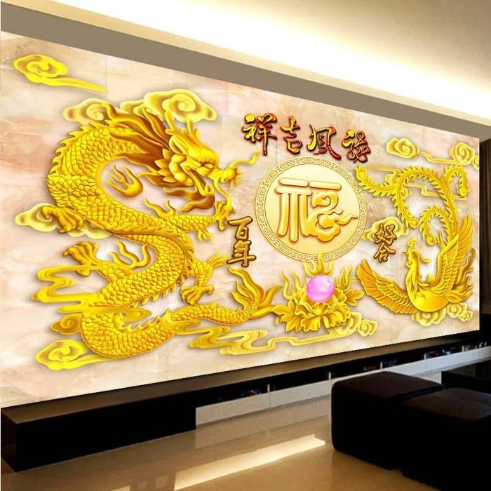Terlaris DIY Diamond Painting Full naga dragon dan phoenix bird 120x60cm D527B