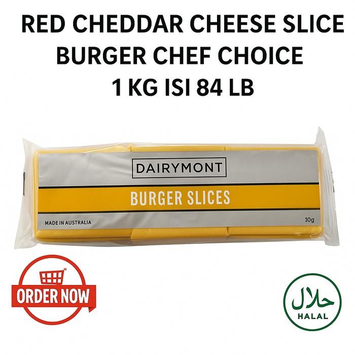 

BARANG TERLARIS RED CHEDDAR CHEESE SLICE BURGER CHEF CHOICE 1 KG ISI 84 LBR HALAL