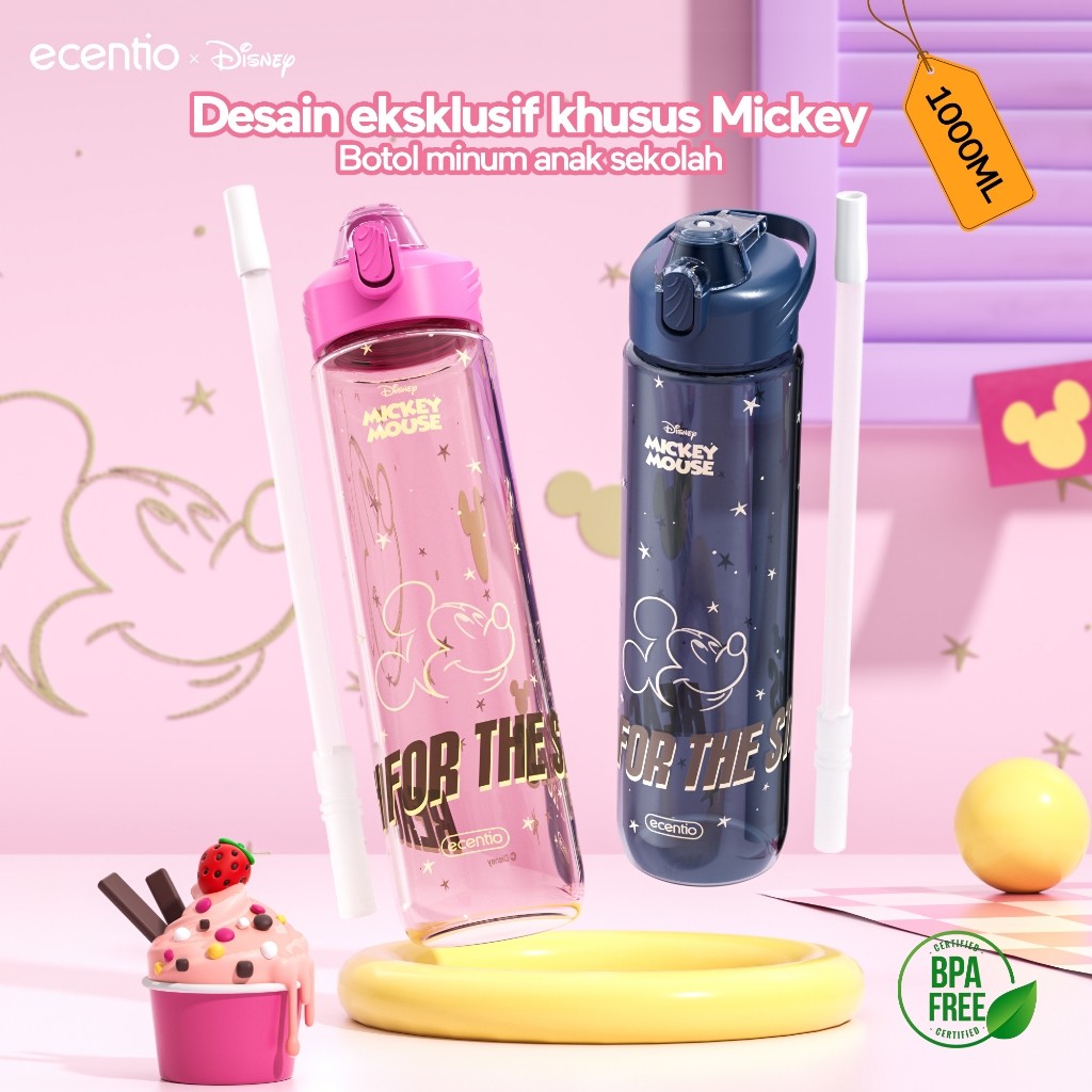 Disneyecentio x Mickey Biru/Pink Botol Minum Aesthetic Lucu 1 Liter Food Grade Plastik Sedotan Botol