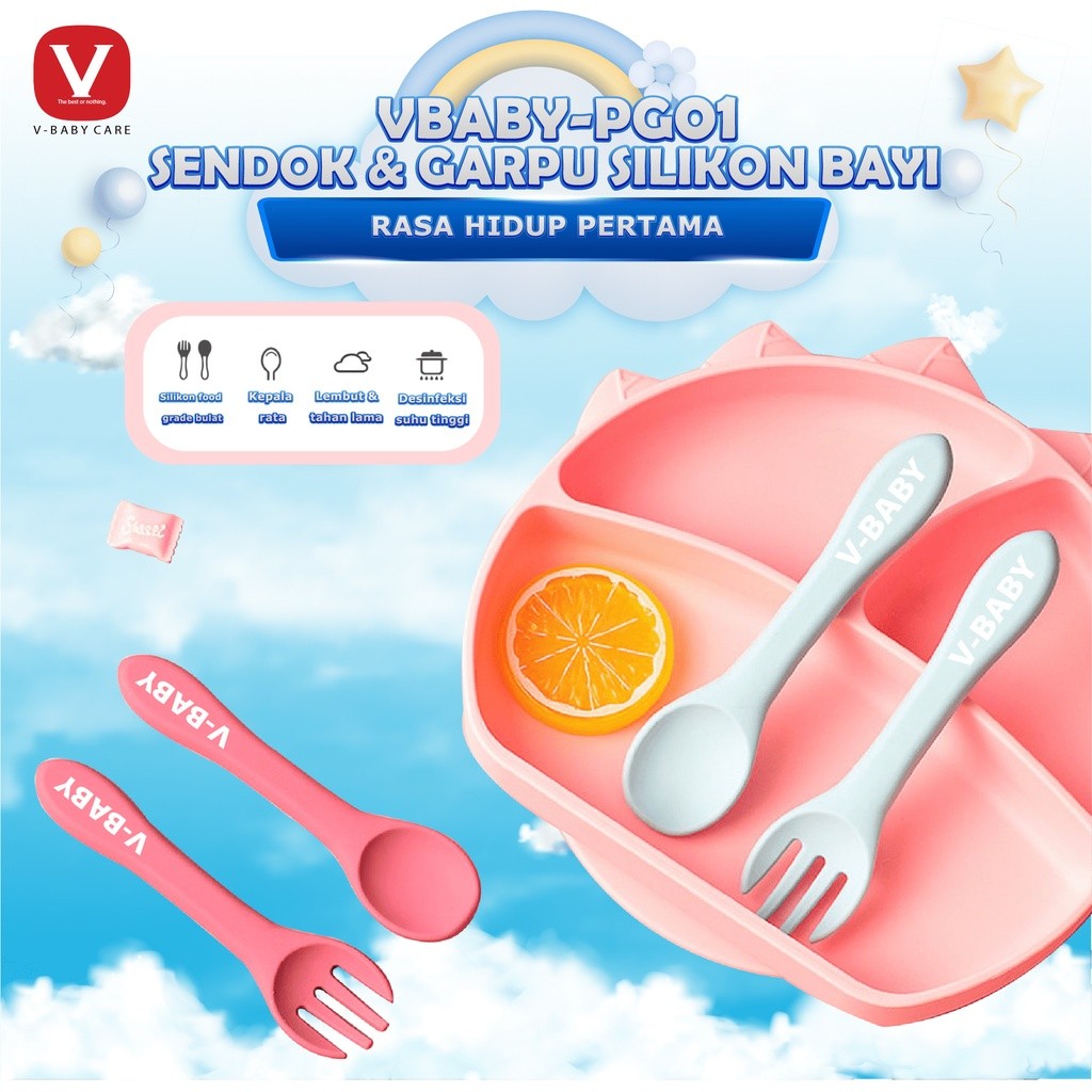 VBABY-CARE alat makan bayi / Healthy Silicone Spoon & Fork (Nature Series) VBABY/PG01