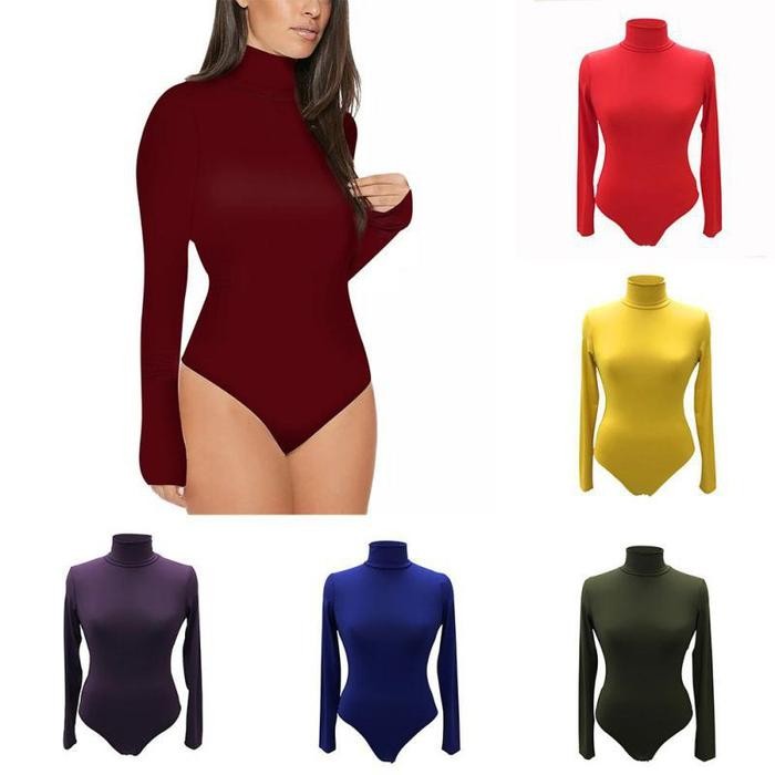 Lengan Panjang Bodysuit Leotard Turtle Neck