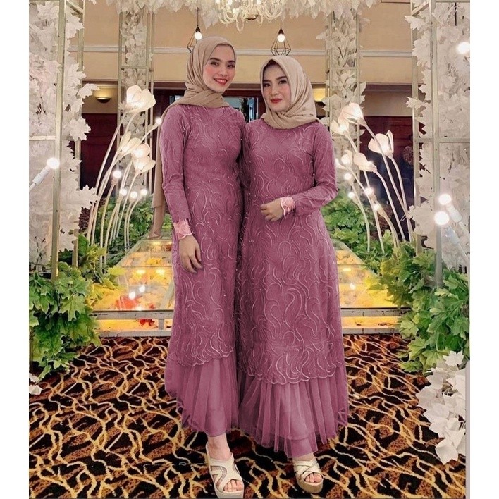 Geraldine Gamis Pesta/Baju Muslim Wanita Jumbo /Gamis Brukat Tile/Gamis Kondangan Remaja Dewasa