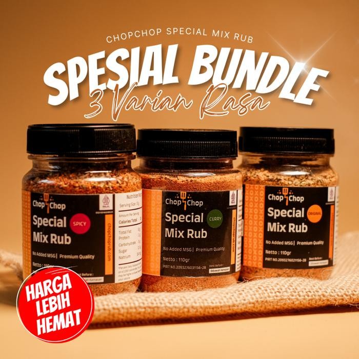 

Paket Bundle Chopchop Rub Kombinasi Dengan 3 Varian Ori, Curry, Spicy Masakan
