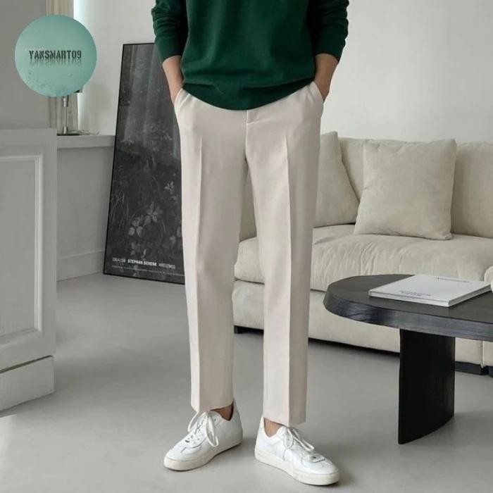 CELANA PANJANG PUTIH PRIA CELANA BAHAN PRIA KANTOR SLIM FIT CREAM