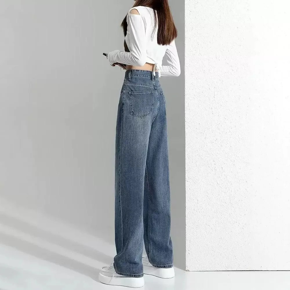 High Waist Wide Leg Jeans Women'S High Rise Straight Floor Length Lazy Style Casual Loose Fit