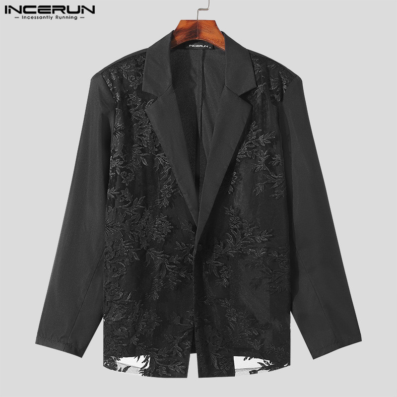Incerun Men Blazer Mesh Patchwork Lace Transparent Lapel Long Sleeve Casual Suits Men Streetwear