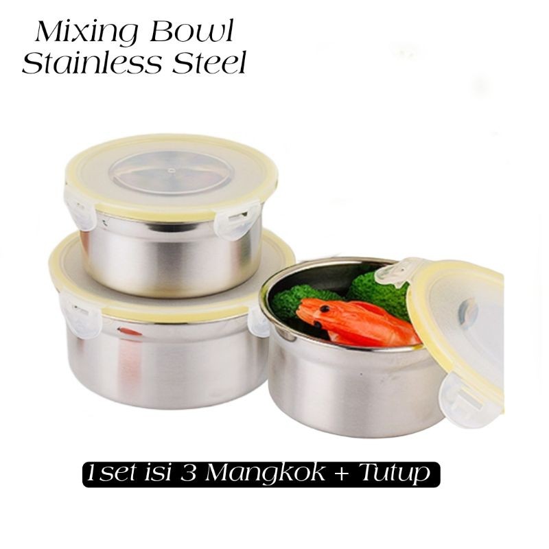 Wadah Stainless 3 Set Tutup Anti Tumpah Mangkok Rantang Set 3 Susun