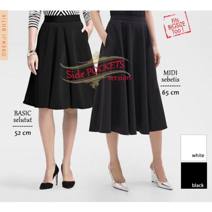 PREMIUM MIDI Flare skirt + SAKU berkantong, rok payung lebar midi, Bigsize Jumbo