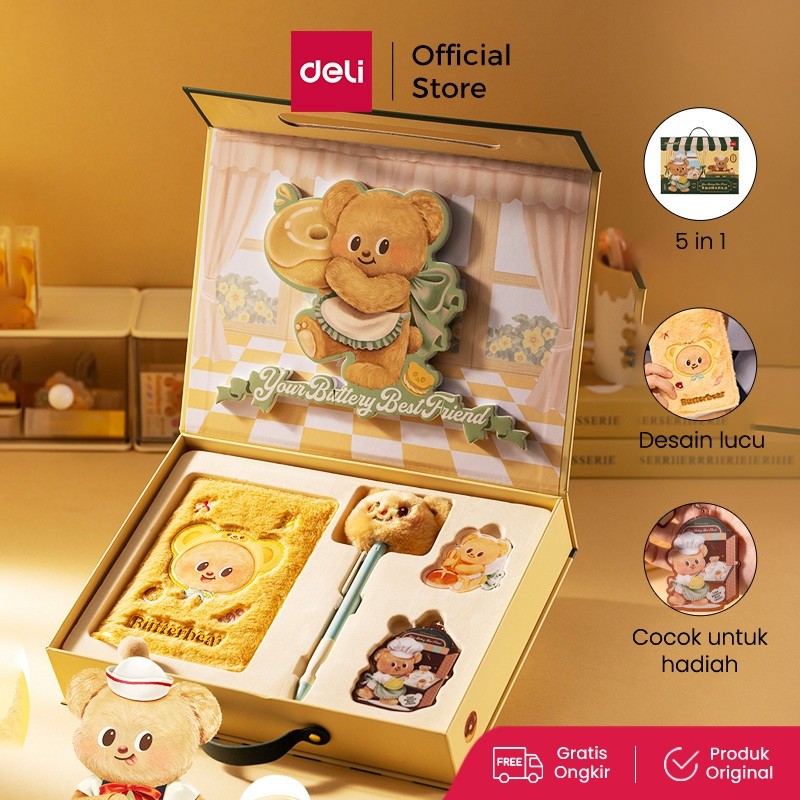 

LINDU Deli x Butterbear Set Hadiah 5in1 / Gift Bo* Isi Notebook, Gel Pen, Gantungan, Magnet Kulkas,