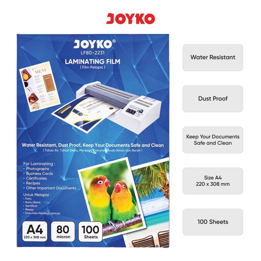 

Meriyah Storee - JOYKO Laminating Film LF80-2231 Size A4 / Plastik Laminasi 100 Lembar Ekonomis