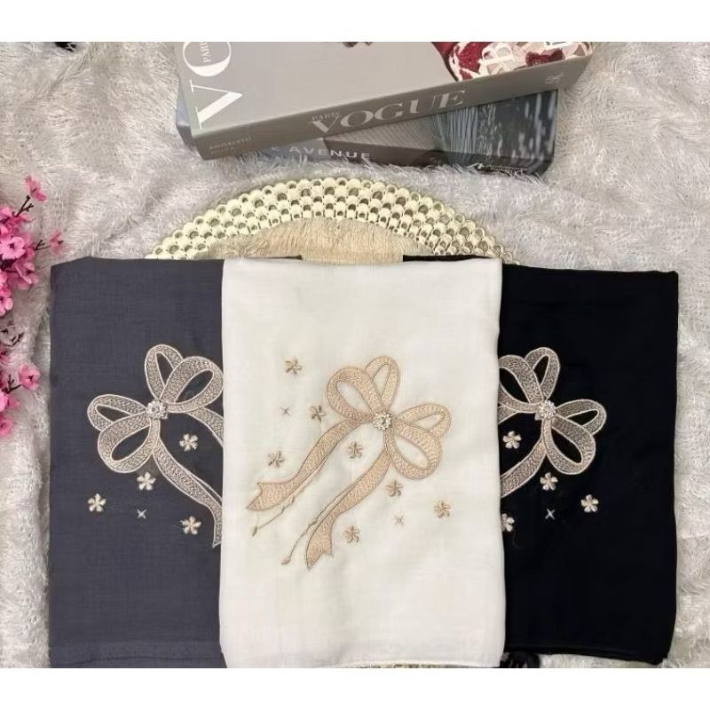 Pola Mewah Hijab Segi Empat Bordir Pita Besar / Jilbab Bella Bordir / Hijap Coquette