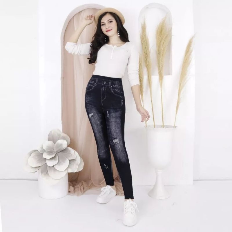 Pola Mewah Legging Jeans Wanita Import Legging Jeans Motif Sobek