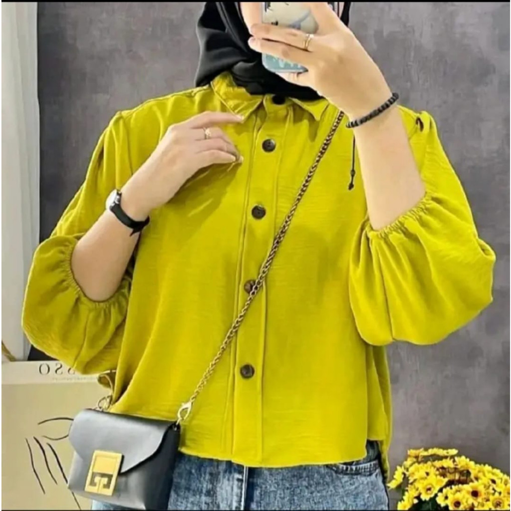 Pola Mewah Kemeja Triyan Oversize Crop Top Lengan Tangan Balon
