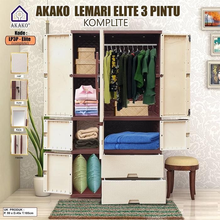 Lemari Pakaian Plastik Lp3P Super Jumbo Besar Akako Elite 3 Pintu Kaca Gratisongkir