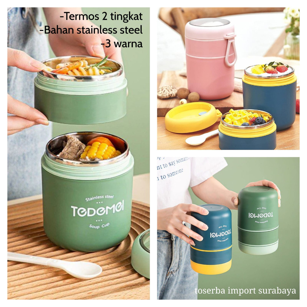 (Homelytouch Termos Sup Stainless 2 Tingkat Tedemei / Lunch Box Anti Tumpah Stainless / Tedemei