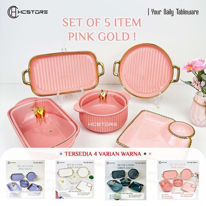 HCSTORE Set perlengkapan makan warna pink GOLD 1 set isi 5 item Kitchenware Piring Mangkok