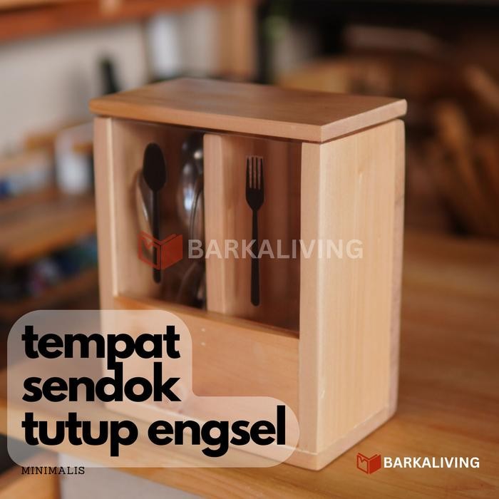 Tempat Sendok Tutup Engsel Cutlery Holder Garpu Sumpit Tertutup Estetik Kayu Minimalis
