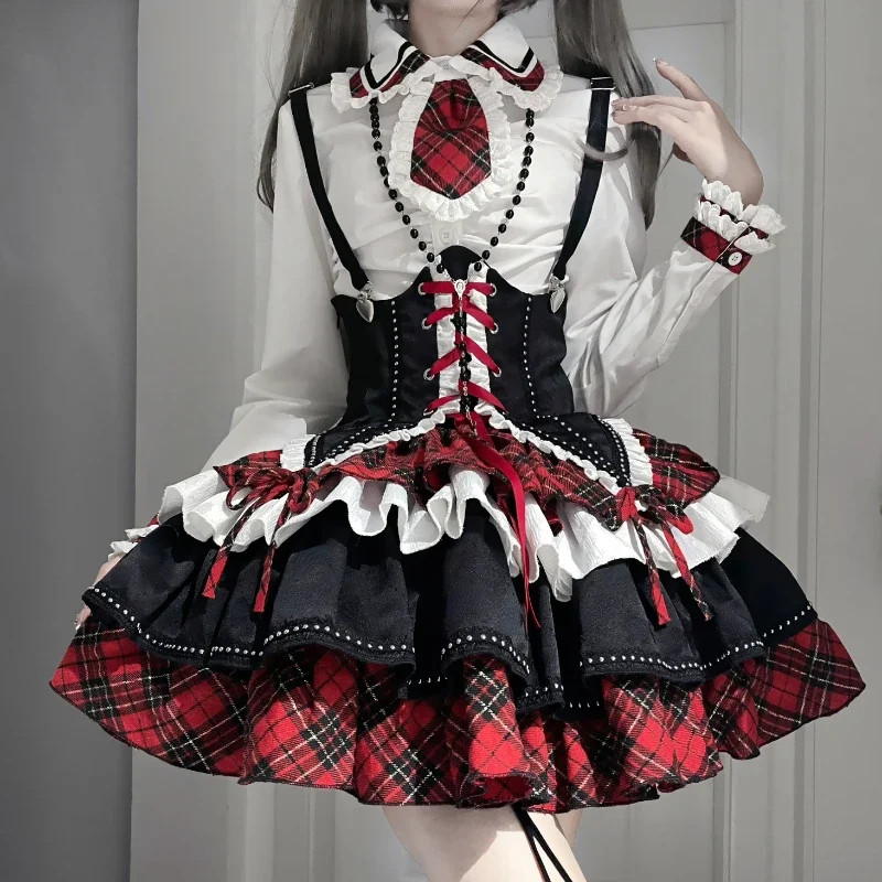 Victorian Gothic Lolita Dress Set Women Punk Style Y2K Plaid Necktie Bandage Princess Dress Harajuku