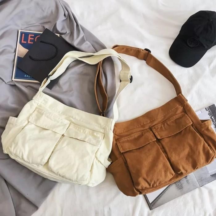 PREMIUM Promo - HC03 Sling bag Kanvas Pria dan Wanita korean style - Hitam - Sedia totebag canvas