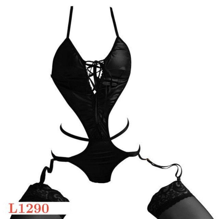 L1290 Lingerie Sexy Baju Tidur Dinas Malam Wanita Model Teddy Latex Hitam Garter Stocking