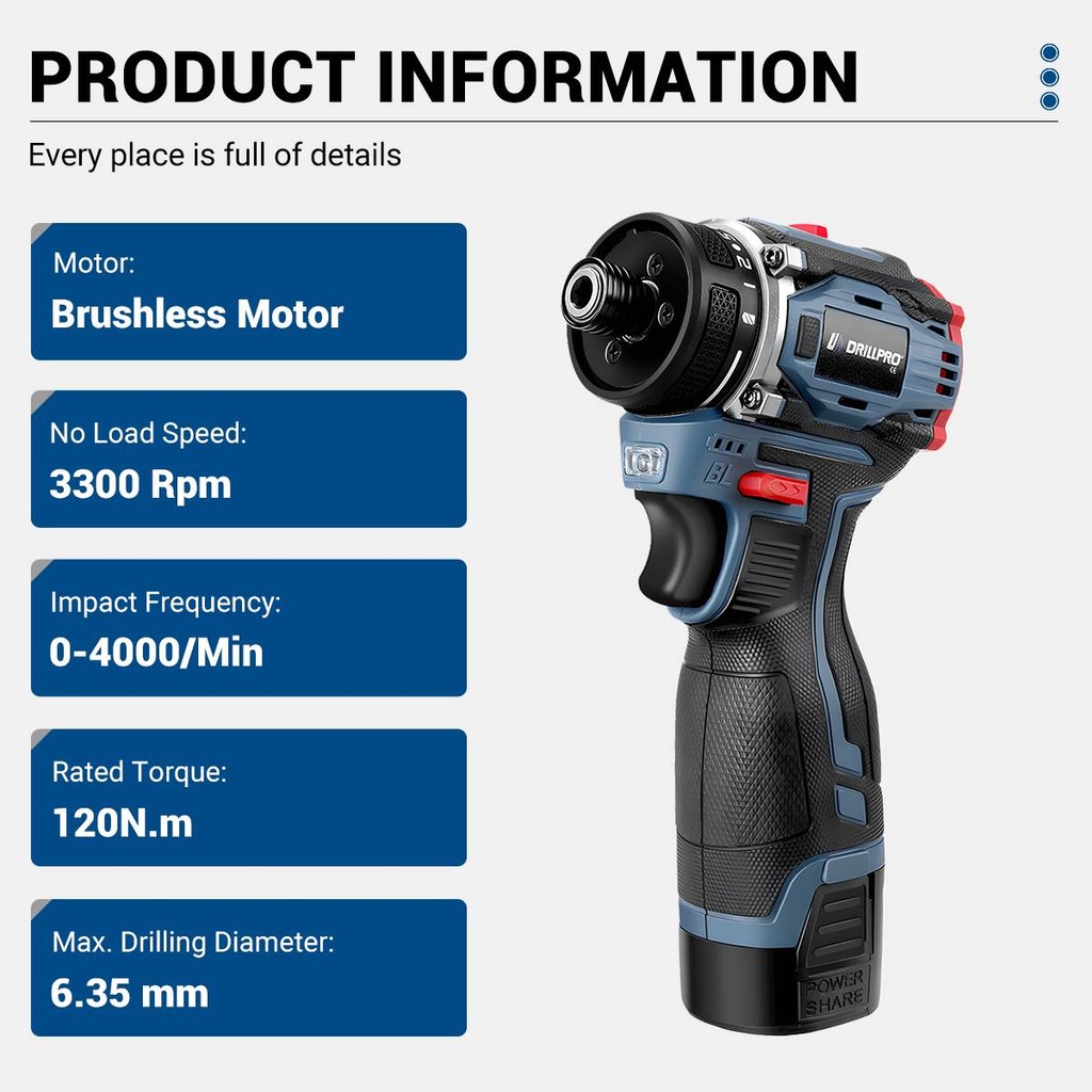 Drillpro Brushless Cordless Impact Drill 16V Electric Screwdriver 120N.M Wireless Drill Driver