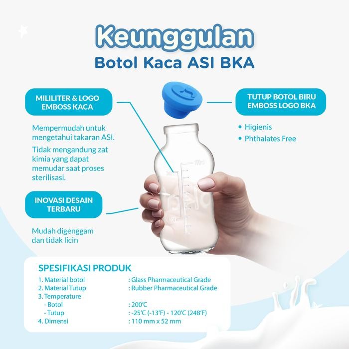 Botol ASI Kaca BKA Isi 8pcs - Didesain Khusus untuk Menyimpan ASI, Dilengkapi dengan Tutup Silicone