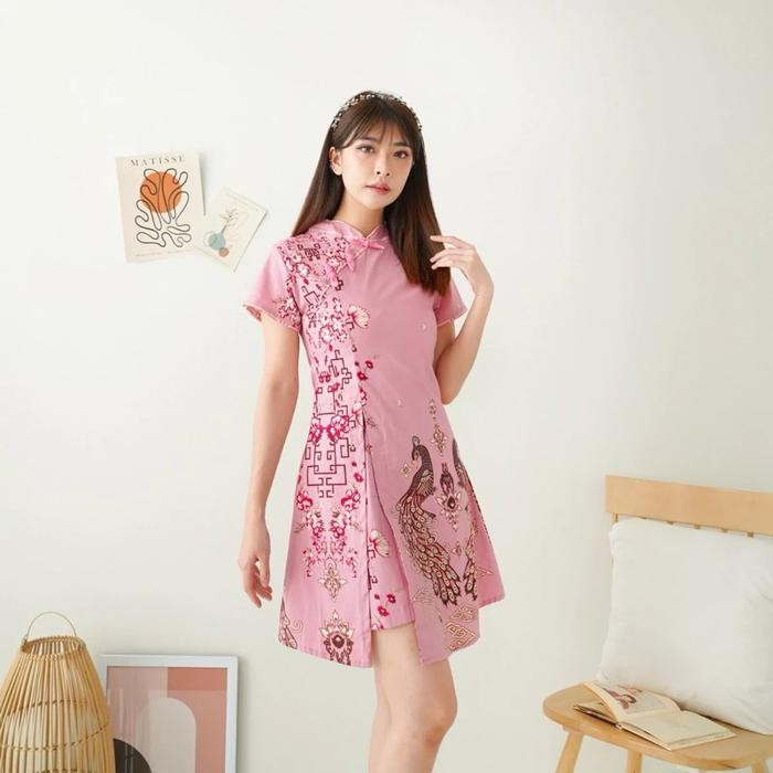 Dress Batik Cheongsam Warna Soft Pink Dres Katun Baju Wanita Natal Imlek