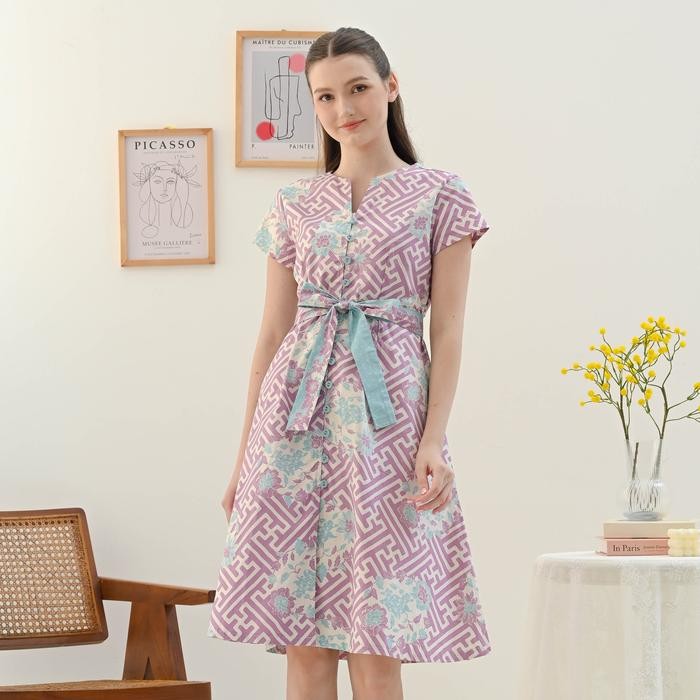 Dress Batik Wanita Motif Bunga / Baju Batik Kantor Warna Pastel - 303 Wik Lilac