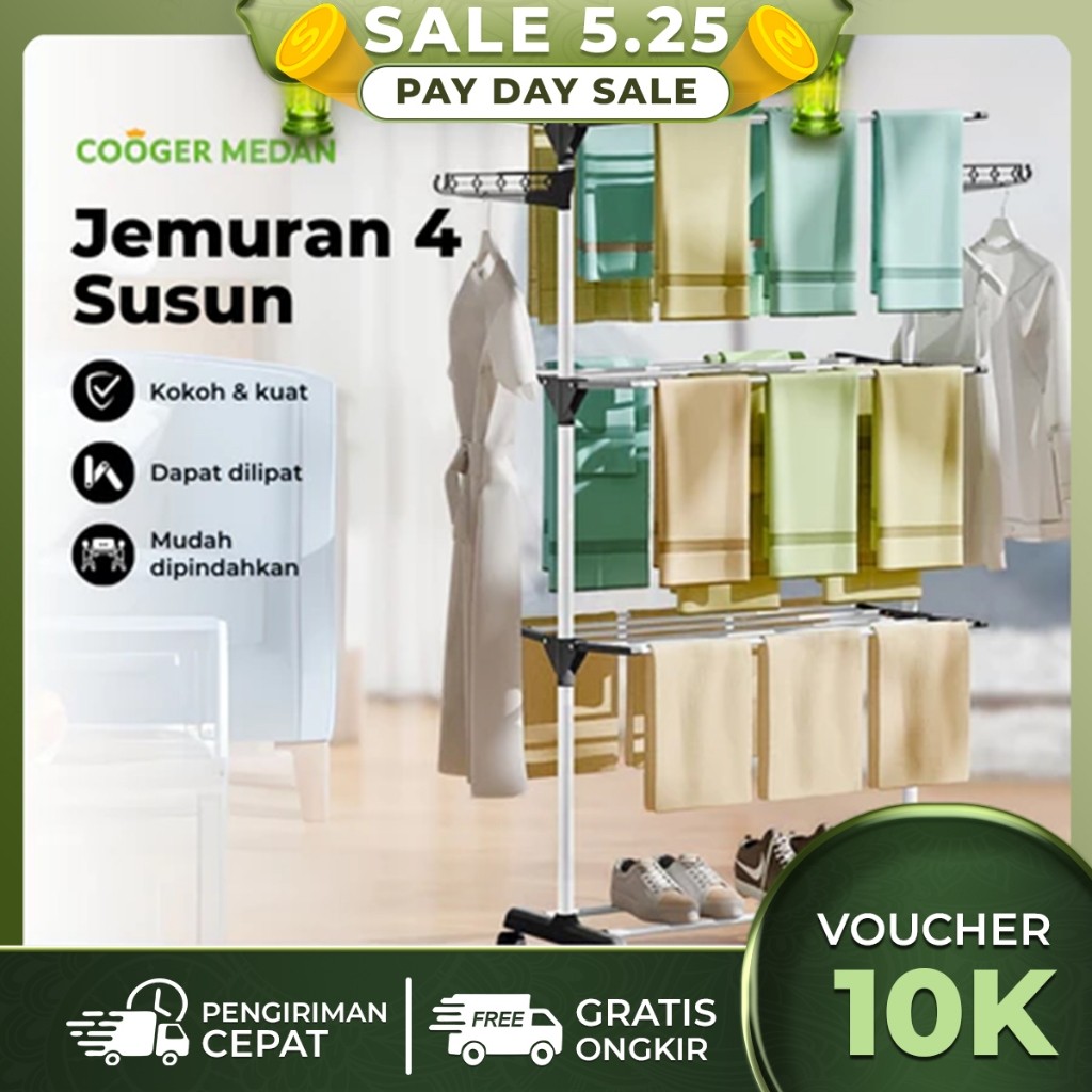 COOGER MEDAN Jemuran Baju Lipat dengan Gantungan 4 Level Drying Rack Jemuran Menara Stainless Steel