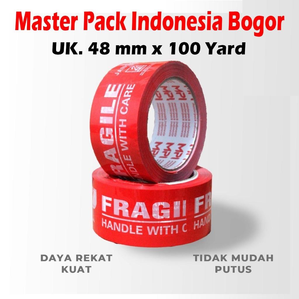 

1 LUSIN [ Isi 12 ] Lakban Fragile Merah 48 mm x 100 Yard - Handle With Care Jangan Di Banting - MPI