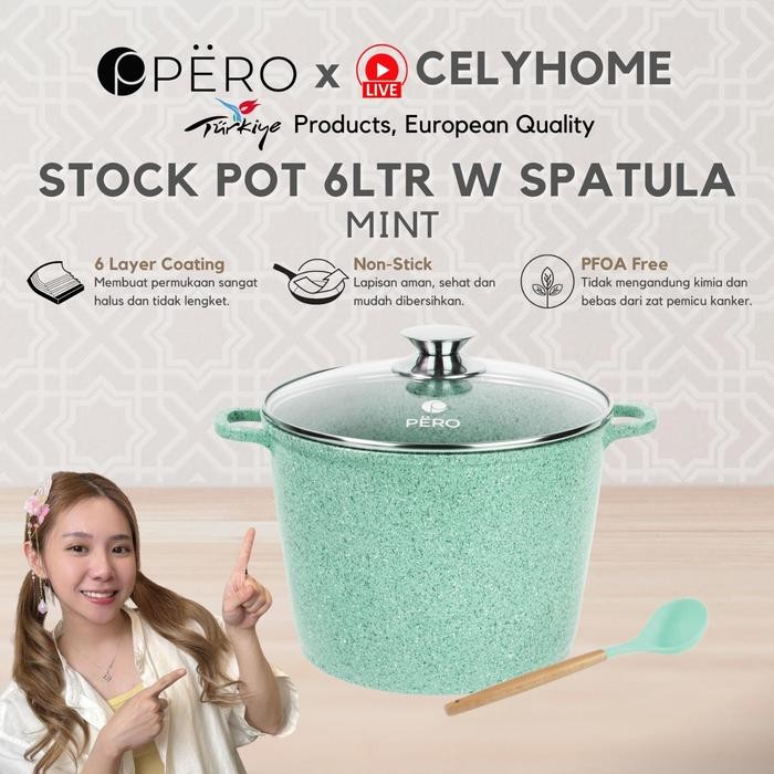 [Exclusive Celyhome] Pero Stock Pot Panci Gentong 24Cm With Glass Lid / Panci Granite Anti Lengket /