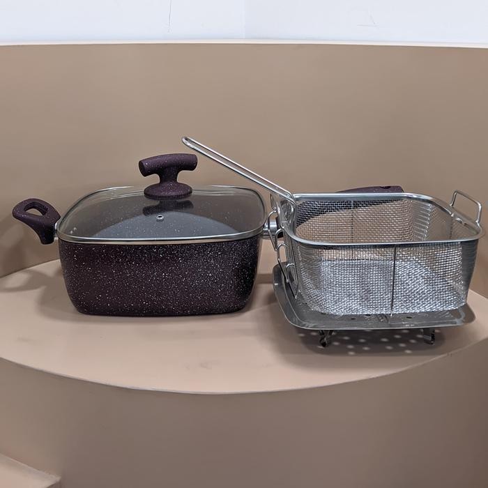 Berindo Panci Set Tutup Kaca Multifungsi Marble Coating Prima Cook 24Cm Wajan Penggorengan Segi Anti