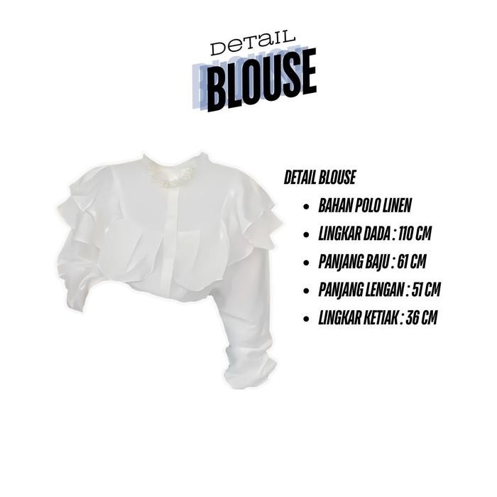 3in1 One set wanita baju atasan blouse putih lengan panjang rempel ruffle rok jeans panjang jilbab