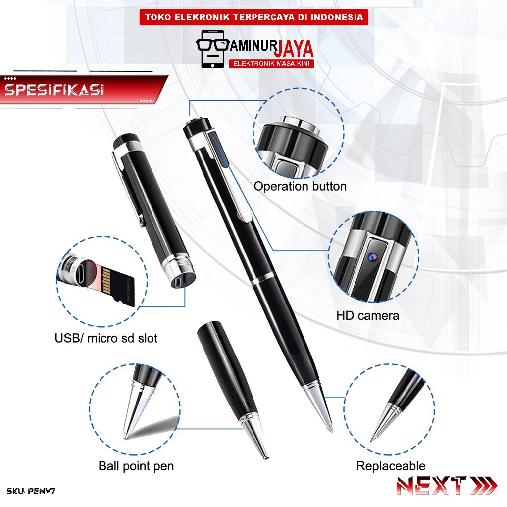 Kamera Mini Digital Spy Camera Pen Pena Saku Pocket Back Clip Portabel V7 HD 1080P Hidden Spycam