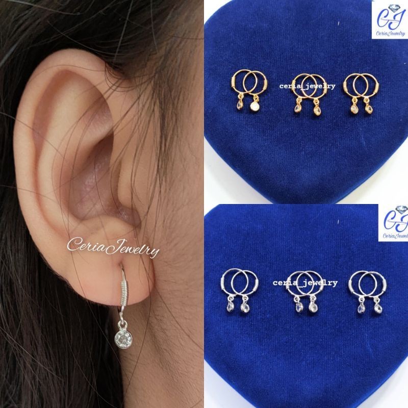 Anting Anak Perak Asli Silver 925 Lapis Emas Model Bulat Gantung Permata Kilau Kecil - Perhiasan