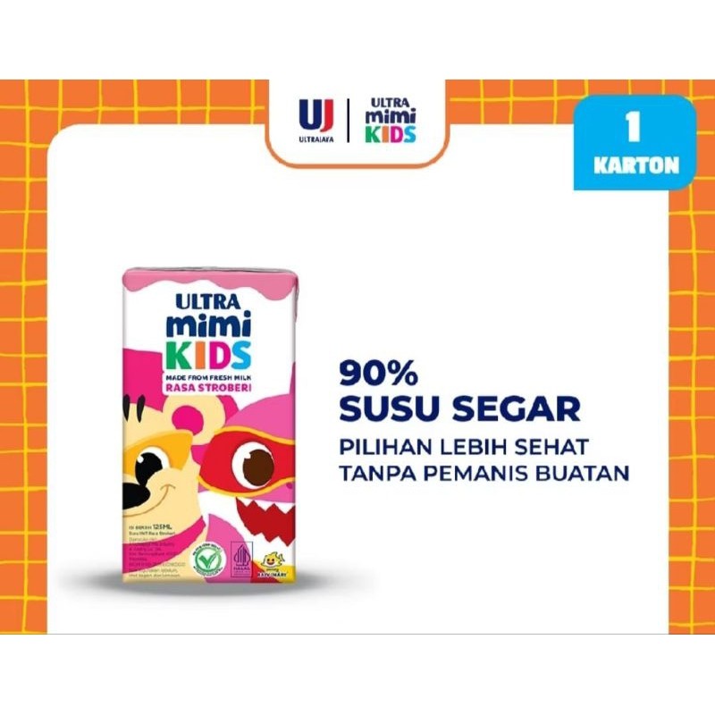 

SUSU ULTRA MIMI KIDS STROBERI 125 ML 125ML DUS KARTON / ULTRA MILK MIMI KIDS 125ML (1DUS ISI 40PCS)