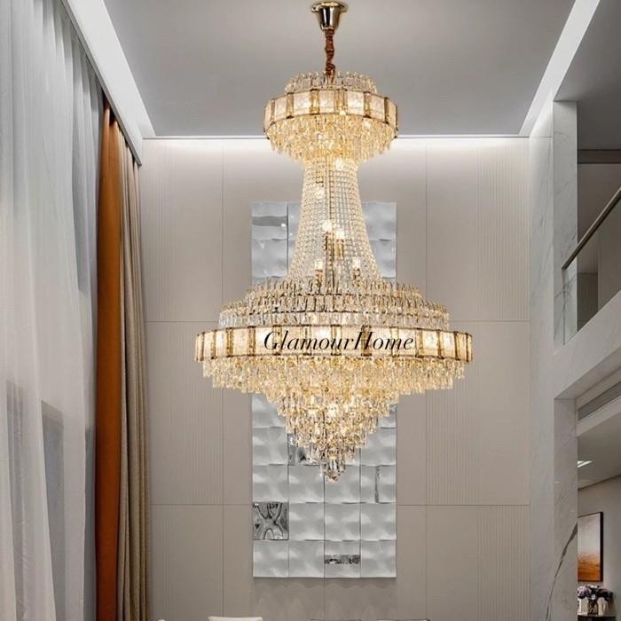 Lampu Gantung Kristal Void Ruang Tamu / Lampu Gantung Kristal Tangga Mewah Gold