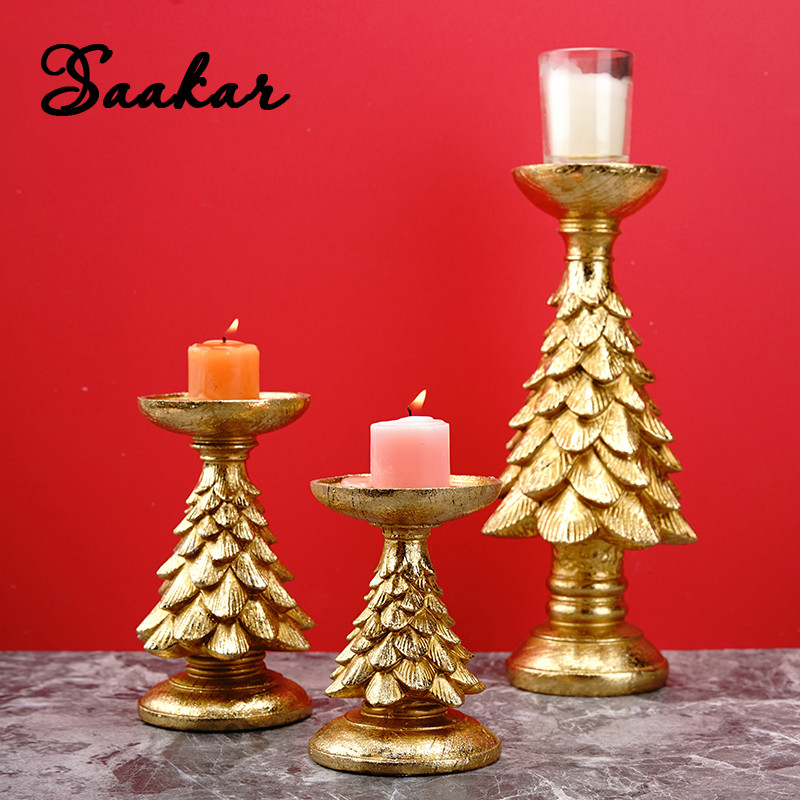 SAAKAR Resin Patung Lilin Pohon Natal Emas untuk Dekorasi Desktop Tempat Lilin Ornamen Aksesori Bara