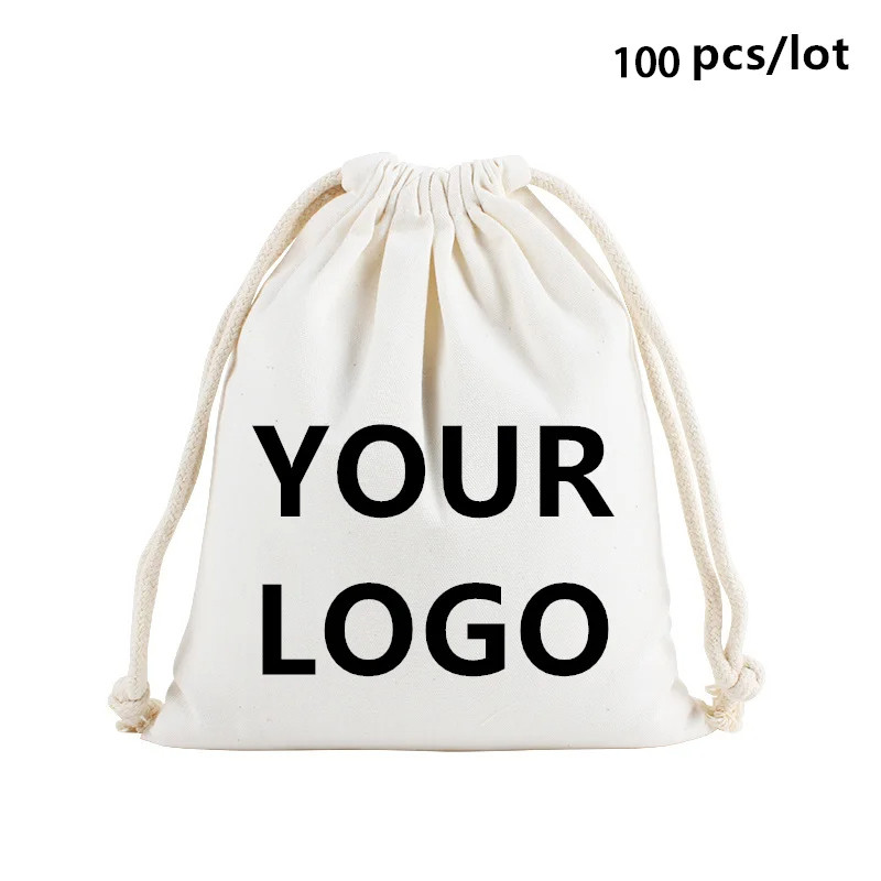 Grosir 100 Buah/Lot Tas Paket Hadiah Kantong Serut Katun Alami Cetak Logo Kustom Tas Penyimpanan Tek