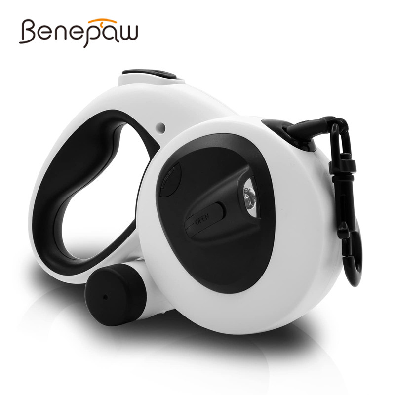 Benepaw Tali Anjing Dapat Ditarik Senter LED Dispenser Tas Kotoran Reflektif Tanpa Kusut 5M Timbal A