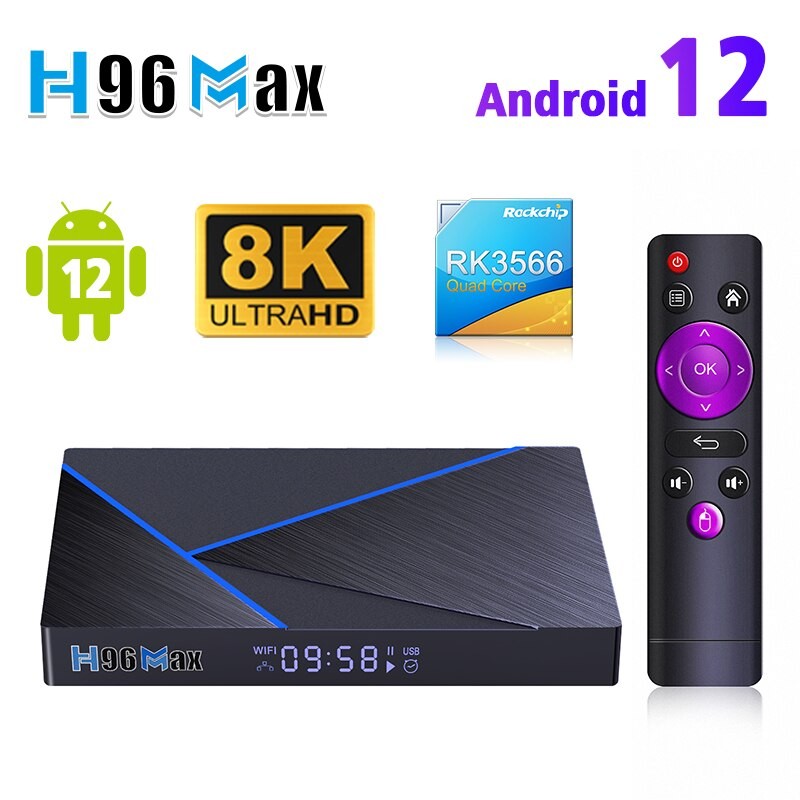 H96 Max V56 Android 12 Kotak TV Pintar RK3566 Quad-Core 4K 2.4G/5G WiFi BT4.0 1000M LAN 8GB 64GB Set