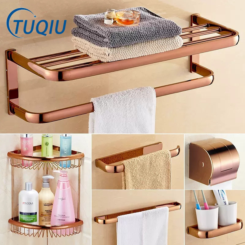 Tuqiu Aksesoris Kamar Mandi Rak Handuk Rose Gold, Rak Kamar Mandi, Tempat Kertas, Tempat Handuk, Tem