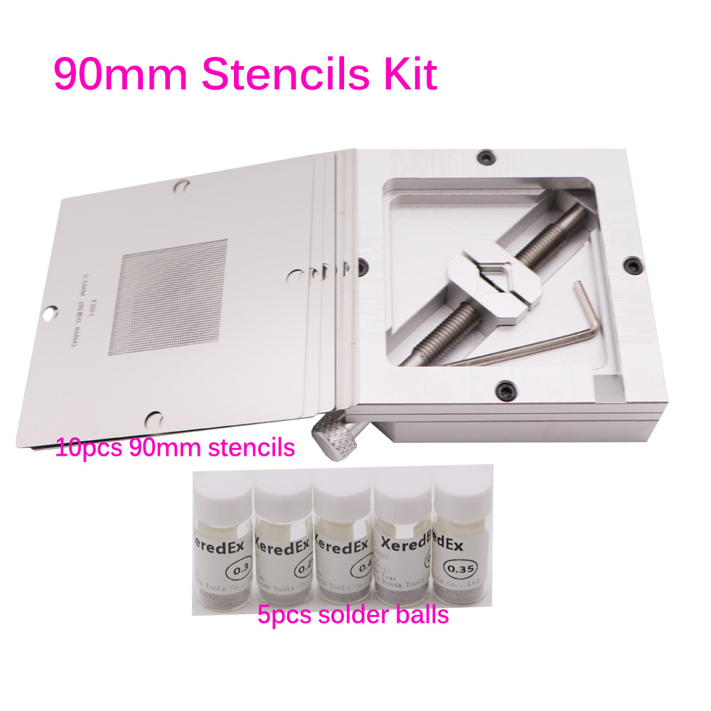Kit Reballing BGA Perak 90*90Mm Stasiun Reballing BGA dengan 10 Buah Stensil Universal 90Mm 0.3-0.76