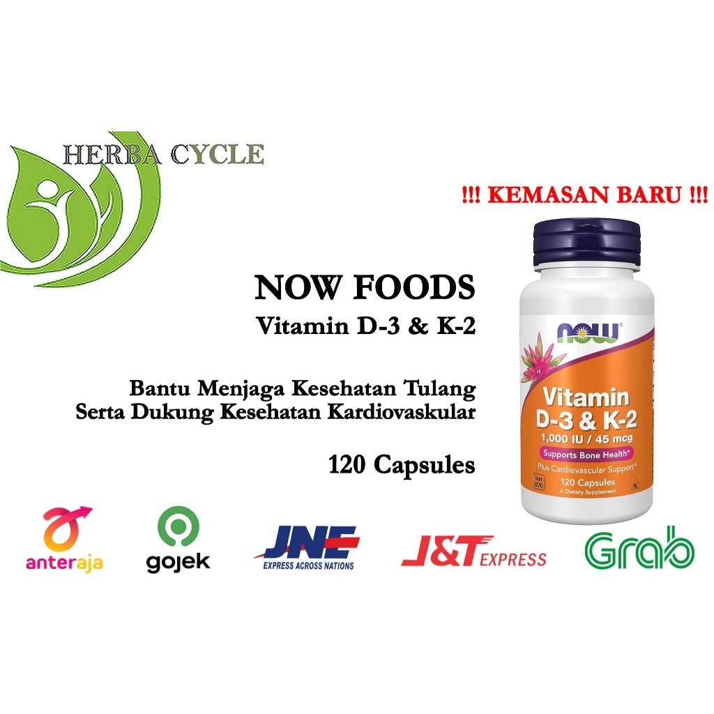 MURAH VITAMIN Now Food Vitamin D3 & K2 USA Vit D3 K2 120 Butir Now D3 K2