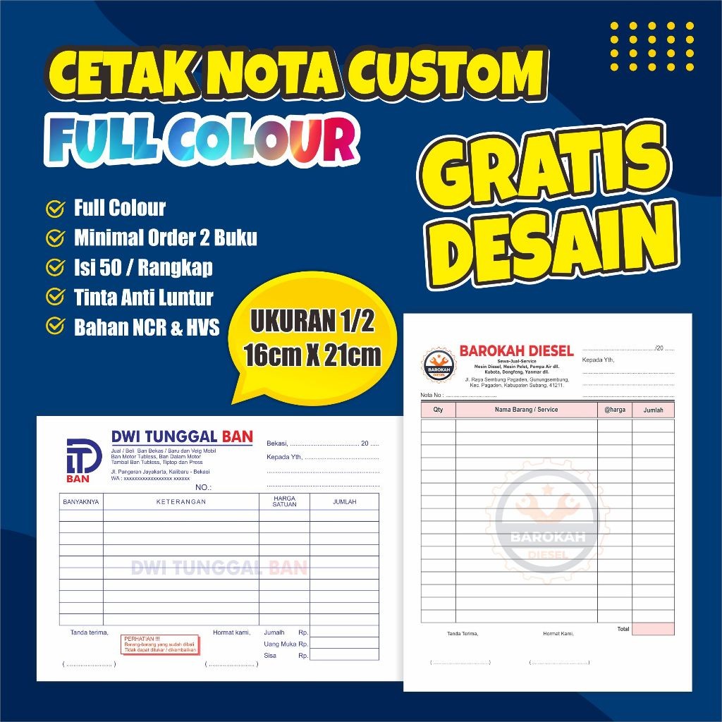 

Nota Custom 1 Ply 2 Ply 3 Ply Satuan 1/2 Folio Isi 100 Dan 150