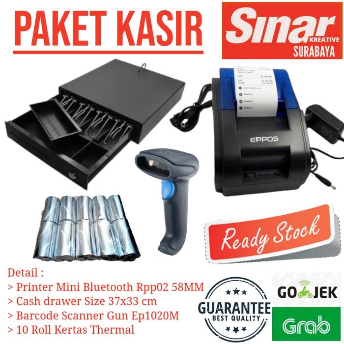 MESIN KASIR : PRINTER BLUETOOTH+CASHDRAWER 37cm+BARCODE SCAN+10 KERTAS