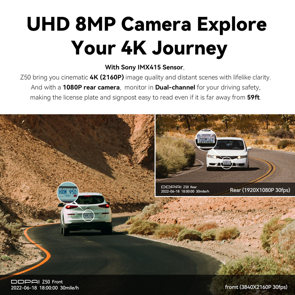 DDPAI 4K Dash Cam Z50 Front and Rear Cam Car Camera with 4K  Built-in WiFi GPS ADAS Dual Dash Camera
