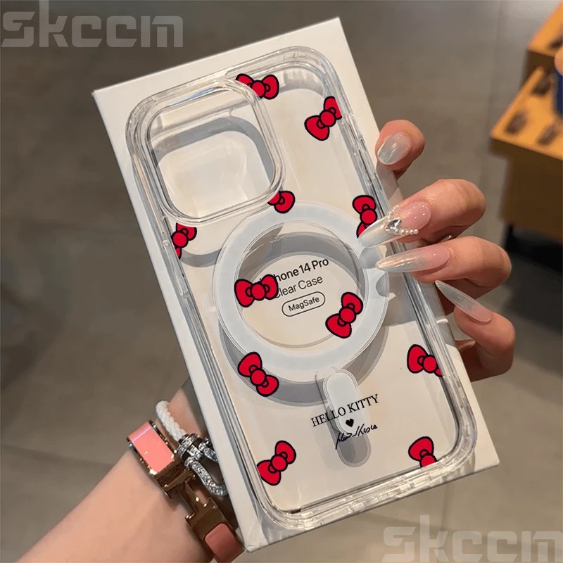 Hello Kitty Bowknot For Magsafe Wireless Charger Case For Iphone 16 15 14 Pro Max 11 12 13 7 8 Plus