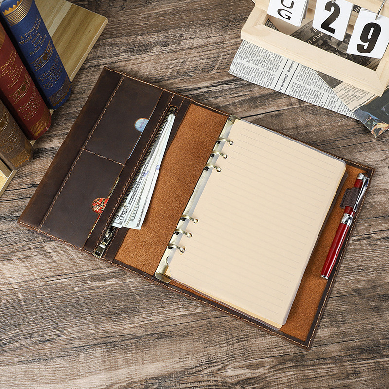 

Vintage Crazy Horse Leather A5 Notebook Cover Handmade 6-Ring Binder Refillable Journal Planner